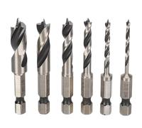 6Pcs 3/8in HSS Brad Point Drill Bit Set for Hardwood | 3-point tip grabs wood instantly, prevents bit wandering on glossy oak or maple, clean chip removal for furniture dowel holes