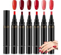 6PCS 3-in-1 Nail Polish Pen, Bright Color One Step Gel Nail Art Pen, Quick-Dry Brush Pen for DIY Manicures and Nail Decoration, Soak-Off UV LED Nail Polish Pen for Home or Salon (Red)