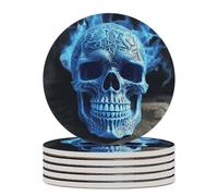 6PCS 3D Print Blue Skull Coasters Non-Slip Round Drink Coasters with Ceramic Stone and Cork Base, Heat Resistant Absorbent 33.00Stone Coaster Set for Kinds of Mugs and Cups, 4 Inch