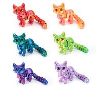 6PCS 3D Printed Animals, 3D Printed Cat Toys with Flexible Joints, Stress Relief Toys for Adults, Desktop Decor, in Dream Green, Orange, Blue and Laser Purple, Green, Red