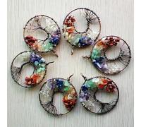 6pcs 50mm 7 Natural Stone Wrap Wisdom Tree Copper Plated Round Pendants