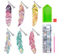 6Pcs 5D Diamond Painting Bookmarks Feather Shape, Art Feather Bookmark with Crystal Pendant, DIY Diamond Art Kits, Bookmark DIY Craft Gifts Set for Children Adults Girls Woman