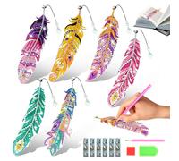 6Pcs 5D Diamond Painting Bookmarks Kits, DIY Diamond Art Kits with Crystal Pendant, 5D Diamond Painting Bookmarks Feather for Kids Adults