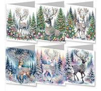 6PCS 5D DIY Diamond Painting Greeting Card Sets with Envelopes - Premium Handmade, Ideal for Birthdays, Holidays & Anniversaries,Christmas Jeweled Reindeer Trees Baubles Patterns (Indigo)