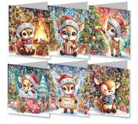 6PCS 5D DIY Diamond Painting Greeting Card Sets with Envelopes - Premium Handmade, Ideal for Birthdays, Holidays & Anniversaries,Christmas Joyful Fawns Gift Decorations Patterns (Amber)
