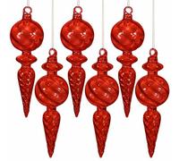 6PCS 6-Inch Hand-Blown Glass Finial Christmas Tree Hanging Ornaments - Elegant Clear Glass Holiday Decorations for Tree, Mantel, Party - Luxury Handmade Seasonal Décor（Red）
