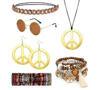 6Pcs 60s 70s Hippie Costume Accessories Set Include 2 Styles of Headbands Sunglasses Wood Bead Bracelets Peace Sign Necklace Earrings for Women Halloween 1960s 1970s Retro Party Brown