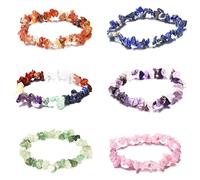 6PCS 7 Chakra Natural Gemstone Beads Bracelet Men Women Colorful Healing Crystals Bracelet Irregular Reiki Yoga Bracelets Stretchy Crystal Lava Rock Bracelet for Meditation Prayer Healing Protection