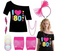 6PCS 80s Costume Accessories Set for Women, 1980s Fancy Dress with T-shirt Headband Lightning Earrings Necklace Bracelet Mesh Sleeve 80s Outfit for Retro Theme Party Cosplay Dress Up (Rose Red, XXL)