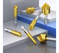 6Pcs 90° Hex Shank 5 Flute Countersink Deburring Chamfer Tool, Titanium Coated Carbon Steel, Multi Material