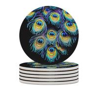 6PCS A Bunch of Peacock Feathers Coasters Non-Slip Round Drink Coasters with Ceramic Stone and Cork Base, Heat Resistant Absorbent 33.00Stone Coaster Set for Kinds of Mugs and Cups, 4 Inch