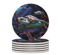 6PCS A Colorful Tropical Sea Turtle Coasters Non-Slip Round Drink Coasters with Ceramic Stone and Cork Base, Heat Resistant Absorbent 33.00Stone Coaster Set for Kinds of Mugs and Cups, 4 Inch