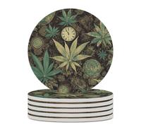 6PCS A Puff in Time Weed Marijuana Coasters Non-Slip Round Drink Coasters with Ceramic Stone and Cork Base, Heat Resistant Absorbent 33.00Stone Coaster Set for Kinds of Mugs and Cups, 4 Inch