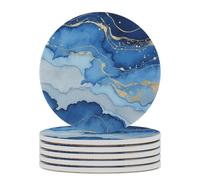 6PCS Abstract Blue Marble Watercolor Coasters Non-Slip Round Drink Coasters with Ceramic Stone and Cork Base, Heat Resistant Absorbent 33.00Stone Coaster Set for Kinds of Mugs and Cups, 4 Inch