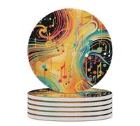 6PCS Abstract Music Themed Coasters Non-Slip Round Drink Coasters with Ceramic Stone and Cork Base, Heat Resistant Absorbent 33.00Stone Coaster Set for Kinds of Mugs and Cups, 4 Inch