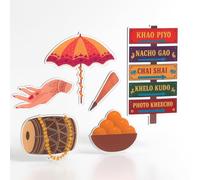 6pcs Acrylic Dholki Cake Topper Set - Mehndi & Dholki Party Decorations - UV Printed on Clear Acrylic, Includes Signpost, Umbrella, Dhol, Henna Cone, Hand & Sweets - Pre-Wedding Cake Toppers