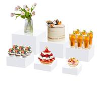 6Pcs Acrylic Risers for Display - White Cube Box Dessert Stand With Hollow Bottoms, 6 Different Sizes (5'' x 6'' x 7'' x 8'' x 9'' x) for Party Decor