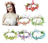 6Pcs Adjustable Boho Flower Crowns with Elastic Ribbon Floral Headbands Garland Bridal Bridesmaid Women Girls Teens Kids Headpiece for Hawaiian Party Wedding Beach Festival
