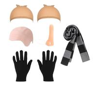6Pcs Adults Costume Accessories Set, Complete Halloween Costume Accessories Including Bald Cap, Scarf, Hair Nets, Fake Nose and Gloves for Cosplay, Themed Parties and Stage Performances