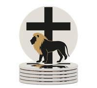 6PCS African Leo Lion King with Cross Coasters Non-Slip Round Drink Coasters with Ceramic Stone and Cork Base, Heat Resistant Absorbent 33.00Stone Coaster Set for Kinds of Mugs and Cups, 4 Inch