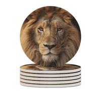 6PCS African Lion Head Coasters Non-Slip Round Drink Coasters with Ceramic Stone and Cork Base, Heat Resistant Absorbent 33.00Stone Coaster Set for Kinds of Mugs and Cups, 4 Inch
