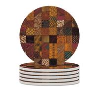 6PCS African Style Patchwork Coasters Non-Slip Round Drink Coasters with Ceramic Stone and Cork Base, Heat Resistant Absorbent 33.00Stone Coaster Set for Kinds of Mugs and Cups, 4 Inch
