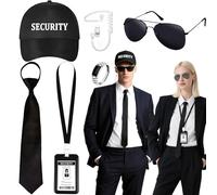 6Pcs Agent Fancy Dress Accessories, Secret Security Service Cosplay Costume Outfit Kit with Spy Hat Earpiece Sunglasses Pretied Zipper Ties ID Card Ring for Men Boys Teens Adults Halloween Party