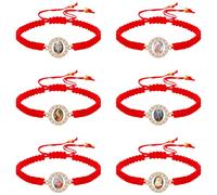 6Pcs Alloy Inlay Rhinestones Virgin Mary Medal Red Cord Bracelet on Adjustable Cord Our Lady Medal Rosary Bracelet Catholic Gift for Men Women Evil Protection Medal Bracelet, 6.3 inches, 锌, Rhinestone