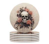6PCS Ancient Skull and Flowers Coasters Non-Slip Round Drink Coasters with Ceramic Stone and Cork Base, Heat Resistant Absorbent 33.00Stone Coaster Set for Kinds of Mugs and Cups, 4 Inch