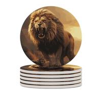 6PCS Angry Roaring Lion Coasters Non-Slip Round Drink Coasters with Ceramic Stone and Cork Base, Heat Resistant Absorbent 33.00Stone Coaster Set for Kinds of Mugs and Cups, 4 Inch