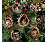 6Pcs Animal Christmas Tree Ornaments, 2D Cute Acrylic Pendant, Hedgehog Owl Bunny Christmas Hanging Decor for Xmas Party