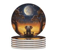 6PCS Animal Elephant Owl Tree Moon Star Coasters Non-Slip Round Drink Coasters with Ceramic Stone and Cork Base, Heat Resistant Absorbent 33.00Stone Coaster Set for Kinds of Mugs and Cups, 4 Inch