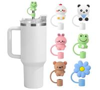 6pcs Animal Straw Cover Cap for Stanley Cup, 9-10mm Cup Accessories, Food Grade Portable Silicone Straw Cover (Panda, Bear, Frog, Rabbit, Chicken, Flowers)