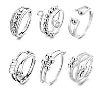 6PCS Anxiety Rings for Women Girls Silver Fidget Ring Stress Reliever Ring Adjustable Open Spinner Bead Anxiety Rings, Autism Sensory Anxiety Reliever Jewelry, Gifts for Mum Girlfriend Daughter
