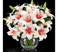 6PCS Artificial Lilies Flower Set, 3D Printing Realistic Fake Lilies with 12 Heads and 6 Buds, Short Stem Artificial Lily Flowers for Vase, Home Décor, Wedding, Mothering Sunday, Gift Arrangement