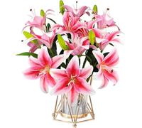 6PCS Artificial Lilies Flowers Set With 12 Heads Fully Blooming Flower 6 Buds, 3D Printing Waterproof Faux Artificial Tiger Lily Flowers for Home Wedding Office Party Decor Table Centerpieces (Pink)