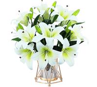 6PCS Artificial Lilies Flowers Set With 12 Heads Fully Blooming Flower 6 Buds, 3D Printing Waterproof Faux Artificial Tiger Lily Flowers for Wedding Party Home Garden Office Decor Graveside (White)