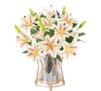 6PCS Artificial Lily Flowers With 12 Heads Fully Bloomed Lilies 6 Buds, Waterproof 3D Printing Fake Faux Artificial Lilies Flowers Set for Wedding Home Party Office Decor Flower Arrangment (Champagne)
