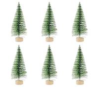 6PCS Artificial Mini Christmas Trees, Bottle Brush Christmas Trees with Wood Base, Artificial Snow Frost Trees Sisal Trees for Christmas Decoration, Green 13cm