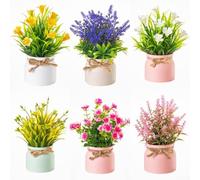 6pcs Artificial Potted Plants Set - Fake Flowers With Rustic Bows - Plastic Faux Lavender Green Plant Decor For Home Office Shelf Table Centerpiece - 19x16cm(6 pot-1)