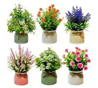 6pcs Artificial Potted Plants Set - Fake Flowers With Rustic Bows - Plastic Faux Lavender Green Plant Decor For Home Office Shelf Table Centerpiece - 19x16cm(6 pot-2)