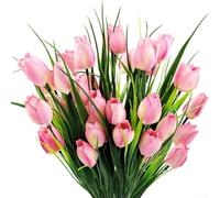 6Pcs Artificial Tulips Silk Fake Flowers Realistic Faux Tulip Stems for Home Wedding Garden Decor Party Photography Props White Pink(B)