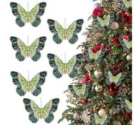 6Pcs Artificial Velvet Glitter Butterflies Clip-On Christmas Decorative Ornaments for Xmas Tree Decoration Crafts Wreath Festive Holiday Wedding Party Home Decor, 5.9 x 3.15 Inch (6, Green)