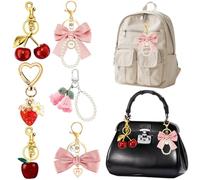6Pcs Bag Charms for Handbag Cherry Strawberry Bow Keychain Cute Purse Charms Accessories for Women Tote Bag Fruit Apple Flower Charm Pink Red Gold Car Key Chain Unique Womens Gifts Set Aesthetic Stuff