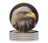 6PCS Bald Eagle Coasters Non-Slip Round Drink Coasters with Ceramic Stone and Cork Base, Heat Resistant Absorbent 33.00Stone Coaster Set for Kinds of Mugs and Cups, 4 Inch