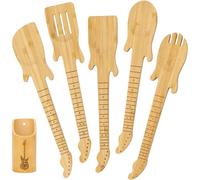 6Pcs Bamboo Guitar Shaped Utensils Set for Cooking - Bamboo Spatulas with Holder, Cool Guitar Gifts for Men and Women, Unique Musician Gifts, Musical Spoon Set for Kitchen Decor, Wooden Studio Decor