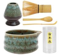 6PCS Bamboo Matcha Whisk Set Traditional Handheld Tea Set Premium Matcha Making Kit with Bowl Whisk Whisk's Holder Whisk's Storage Jar Scoop Spoon Accessory Kit for Tea Lovers(Kiln-Changed Blue)