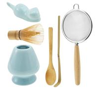 6PCS Bamboo Matcha Whisk Set Traditional Handheld Tea Set Premium Matcha Making Kit with Whisk, Base Holder, Puller, Scoop, Scoop Holder, Sifter Accessory Kit for Tea Lovers(Blue)