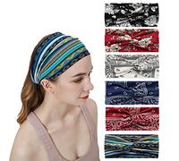 6Pcs Bandana Headbands for Women Wide Wavy Headscarf Boho Head Scarfs Wraps Turban Fabric Elastic Headband Yoga Hairbands Sport Running Headscarves (WideCashew)