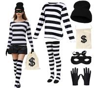6Pcs Bank Robber Costume for Women Robber Burglar Fancy Dress Costume Black and White Striped Shirt Eye Mask Cap Gloves Accessories Halloween Cosplay Thief Criminal Outfit for Adults